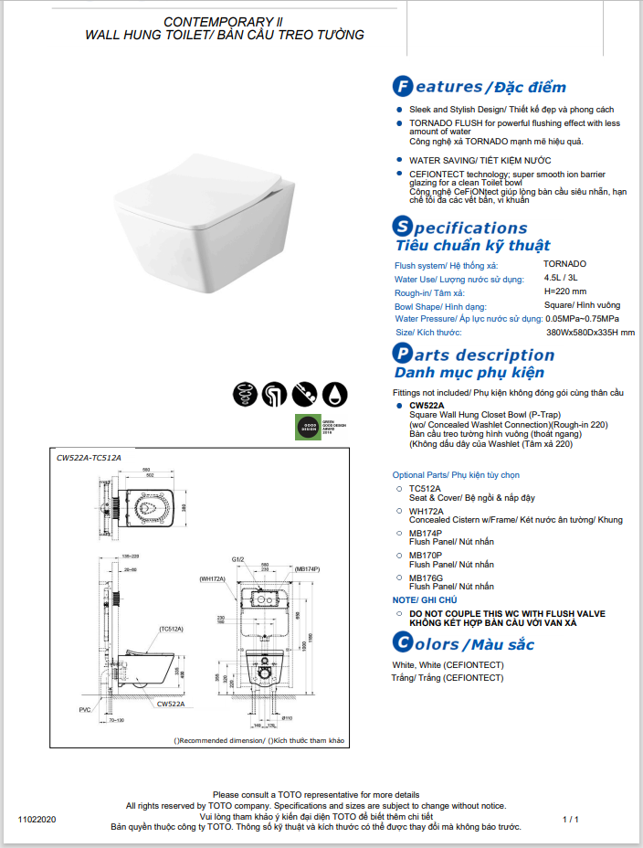 Bồn cầu treo tường ToTo CW522A-TC512A