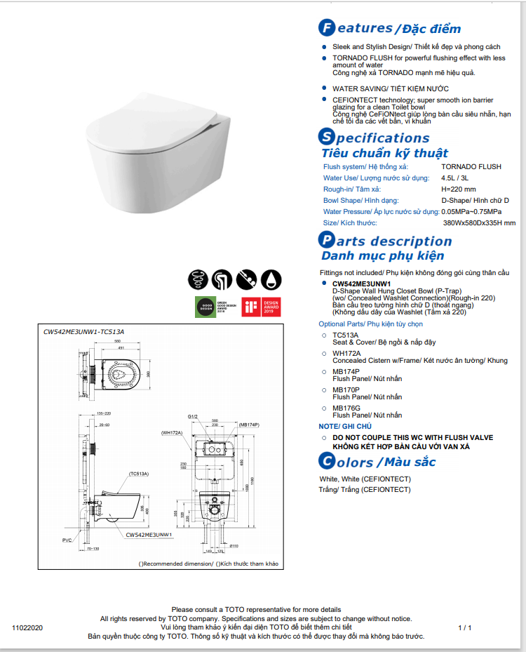 Bồn cầu treo tường ToTo CW542ME3UNW1-TC513A