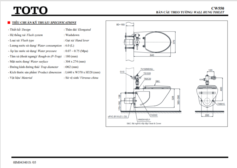 Bồn cầu treo tường ToTo CW550-TV150NSV6J