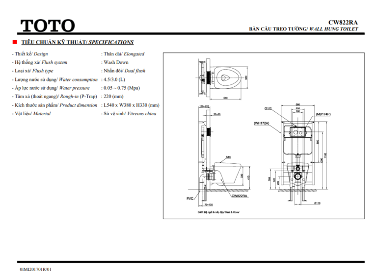 Bồn cầu treo tường ToTo CW822RA TC385VS