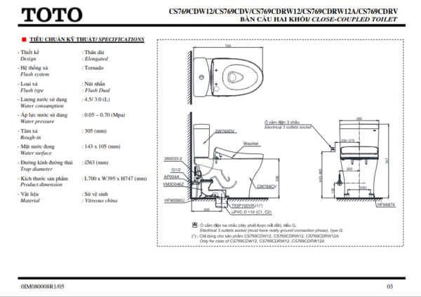 TSKT Bồn Cầu Thông Minh TOTO WASHLET+ CS769CDRW12 3