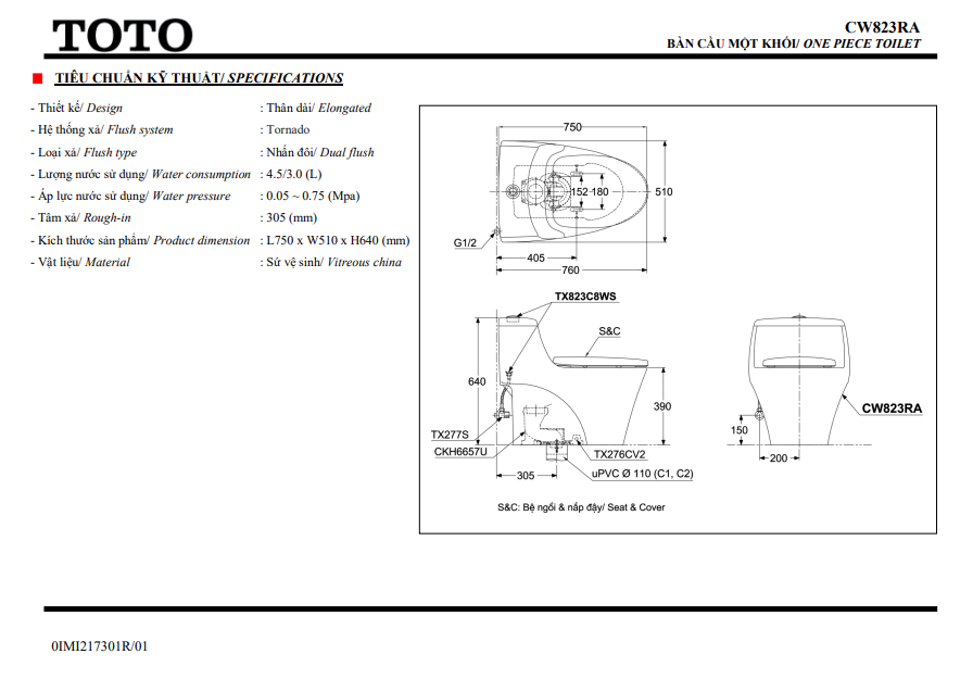 Bồn cầu ToTo 1 khối CW823RAT2