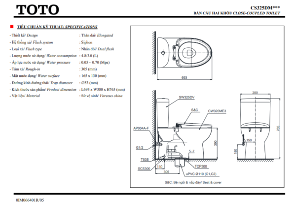 Thông số kt Bản vẽ kỹ thuật bàn cầu CS325DMT3