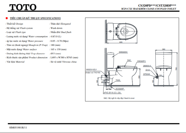 Bản vẽ Bàn Cầu TOTO CS320DRT3 2 Khối