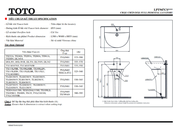 TSKT Chậu Rửa Mặt Chân Dài ToTo LPT947CS