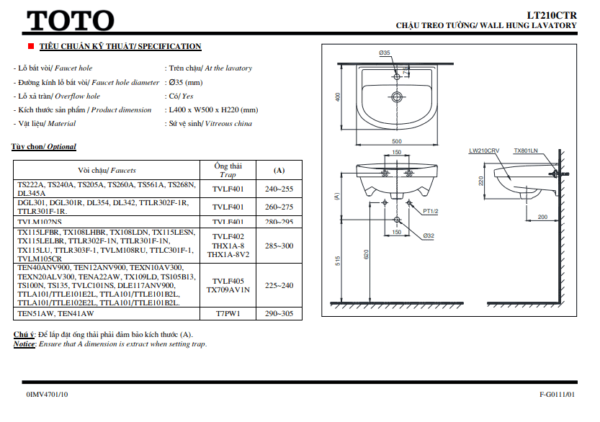 TSKT Chậu Rửa Mặt Treo Tường ToTo LT210CTR