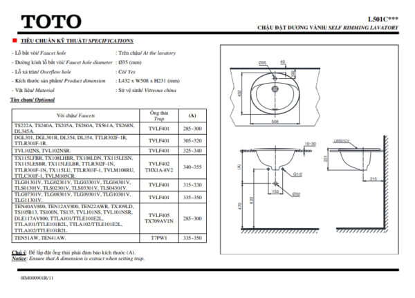 TSKT Chậu Rửa Mặt Dương Vành TOTO L501C