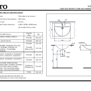 Thông số kỹ thuật Chậu Lavabo Dương Vành TOTO L946CR