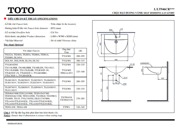 Thông số kỹ thuật Chậu Lavabo Dương Vành TOTO L946CR