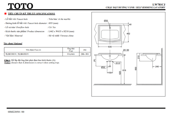 Thông số kỹ thuật chậu Toto LW781CJ