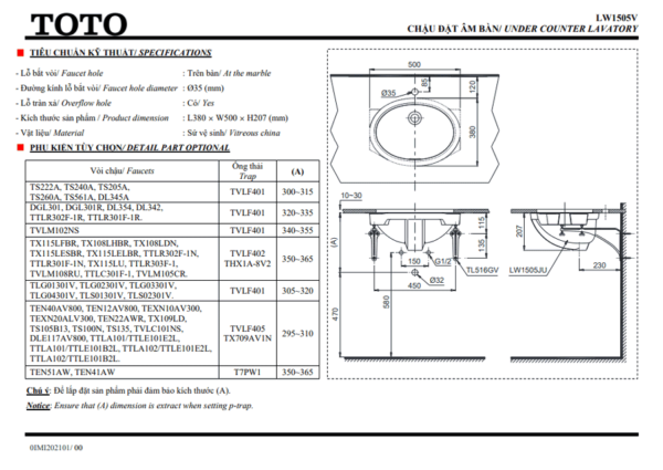 TSKT Chậu ToTo LW1505V-TL516GV